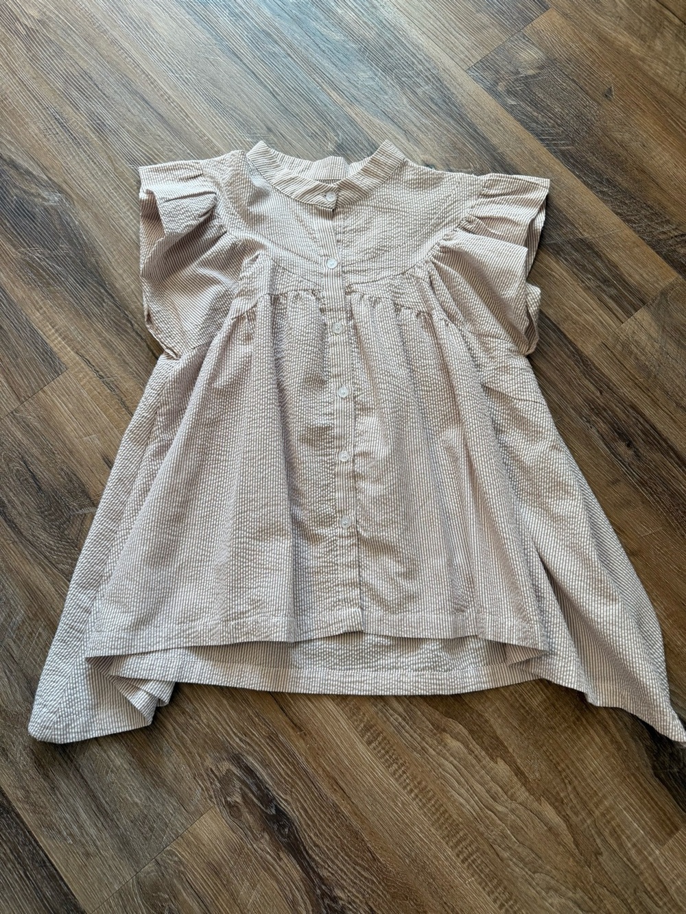 Smocked Button-Front Flutter Sleeve Top - Beige